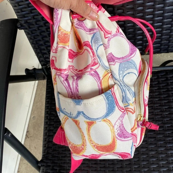 Coach Monogram Multicolor Canvas Leather Trim Scribble Poppy Backpack - Picture 10 of 15